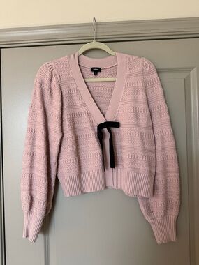 Express Pink Knit Tie-Front Sweater with Black Bow